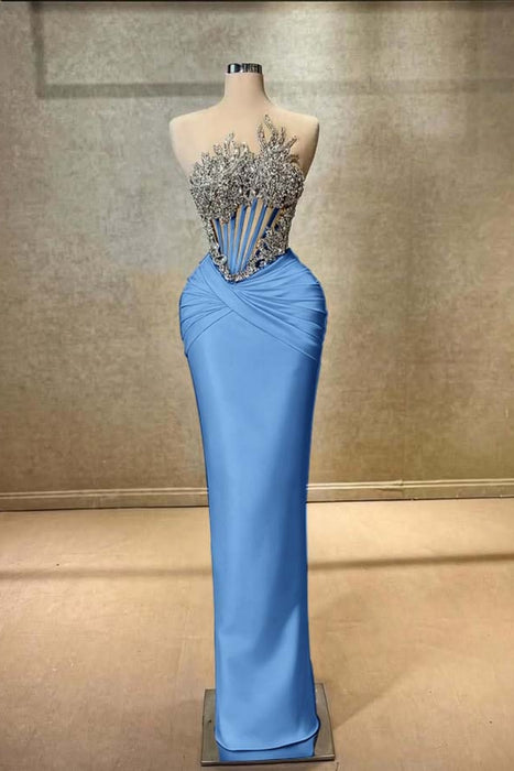 Strapless Beadings Prom Dress Mermaid Evening Gown Sleeveless Dusty Blue