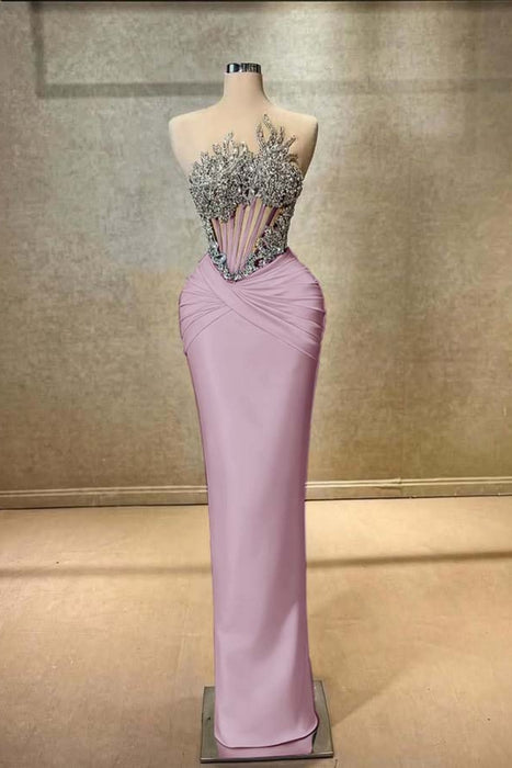Strapless Beadings Prom Dress Mermaid Evening Gown Sleeveless Dusty Pink