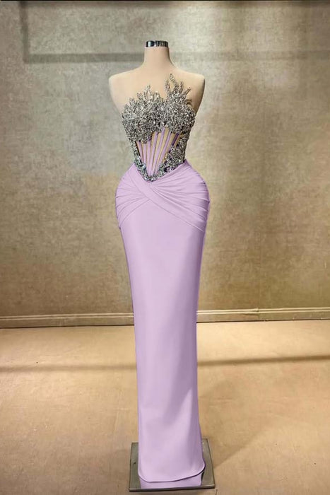 Strapless Beadings Prom Dress Mermaid Evening Gown Sleeveless Lilac