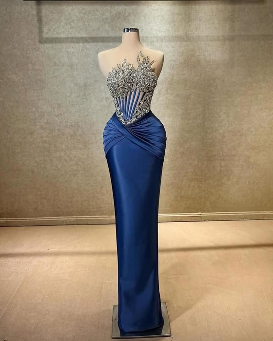 Strapless Beadings Prom Dress Mermaid Evening Gown Sleeveless Navy Blue