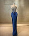 Strapless Beadings Prom Dress Mermaid Evening Gown Sleeveless Navy Blue