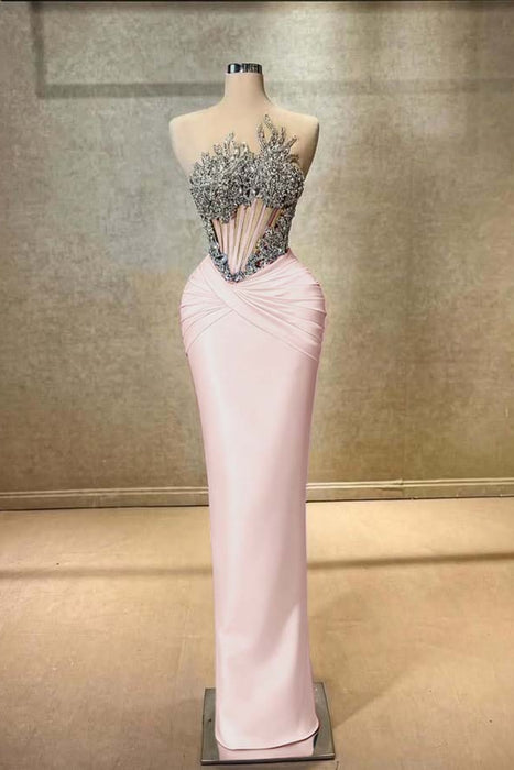 Strapless Beadings Prom Dress Mermaid Evening Gown Sleeveless Pearl Pink