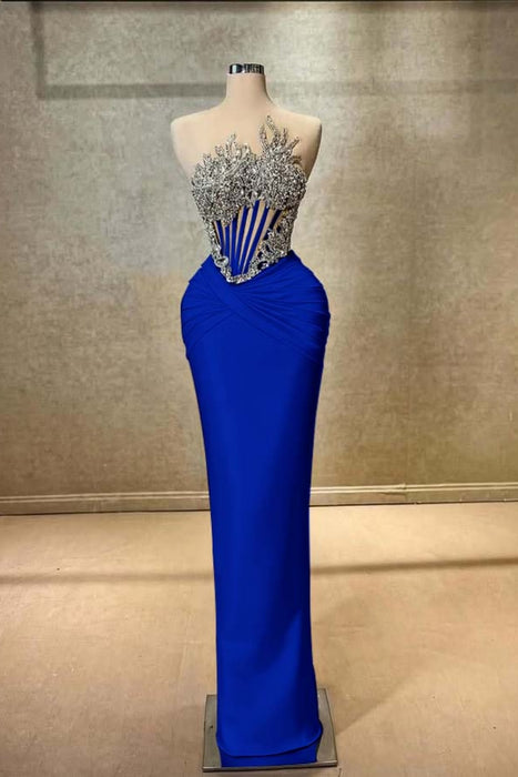 Strapless Beadings Prom Dress Mermaid Evening Gown Sleeveless Royal Blue