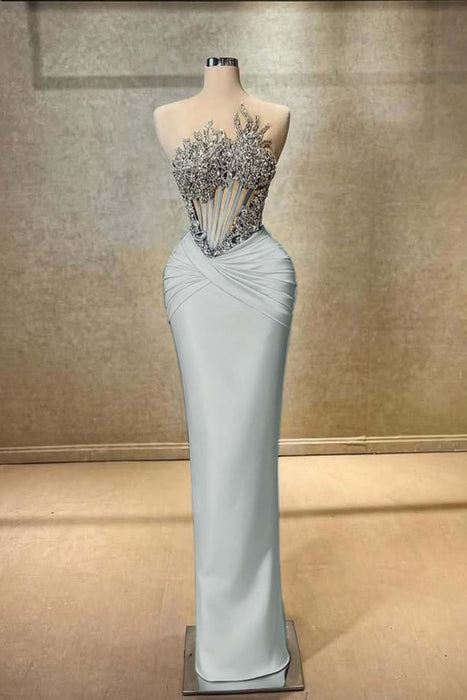 Strapless Beadings Prom Dress Mermaid Evening Gown Sleeveless Silver