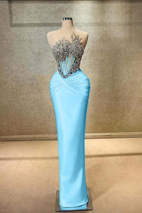 Strapless Beadings Prom Dress Mermaid Evening Gown Sleeveless Sky BLue