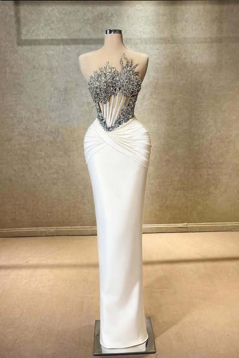 Strapless Beadings Prom Dress Mermaid Evening Gown Sleeveless White