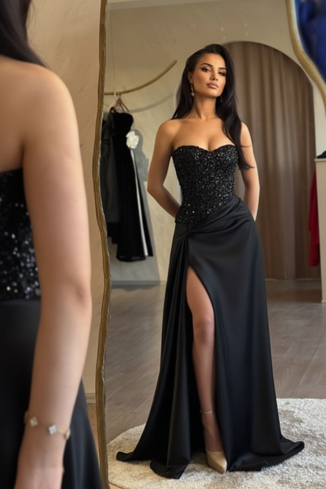 Strapless Black Sequins Sheath Long Prom Dress Ruffle Satin Side Split Dress