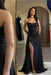 Strapless Black Sequins Sheath Long Prom Dress Ruffle Satin Side Split Dress