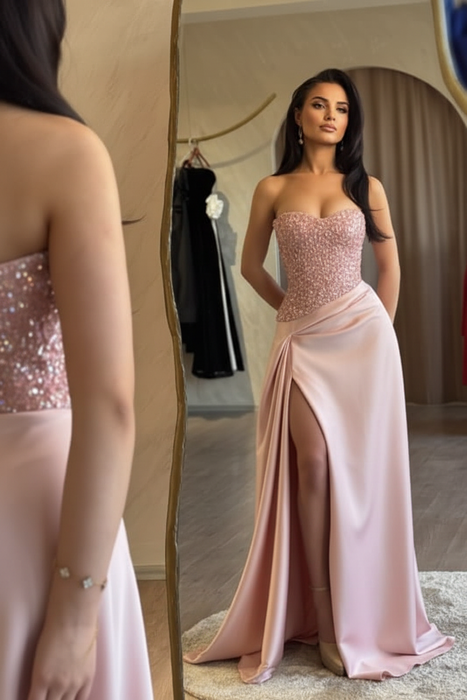 Strapless Blush Pink Sequins Sheath Long Prom Dress Ruffle Satin Side Split Dress