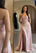 Strapless Blush Pink Sequins Sheath Long Prom Dress Ruffle Satin Side Split Dress