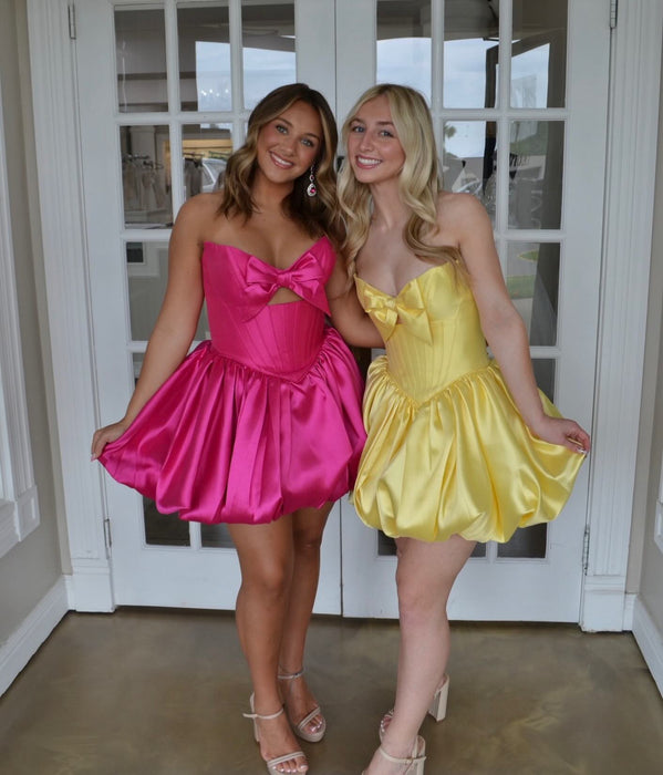 Strapless Bow Bubble Homecoming Dress Short Satin Corset Mini Dress