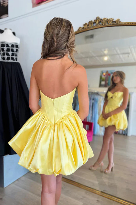 Strapless Bow Bubble Homecoming Dress Short Satin Corset Mini Dress