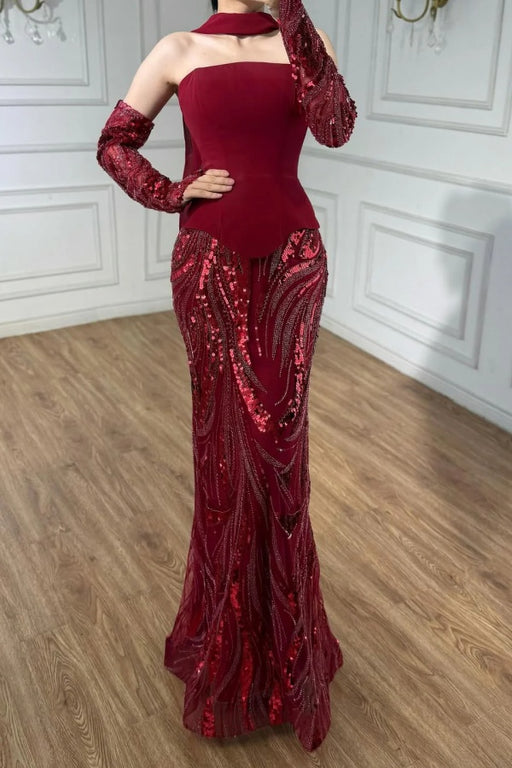 Strapless Burgundy Prom Dress Sequins Mermaid Prom Dress with Cape