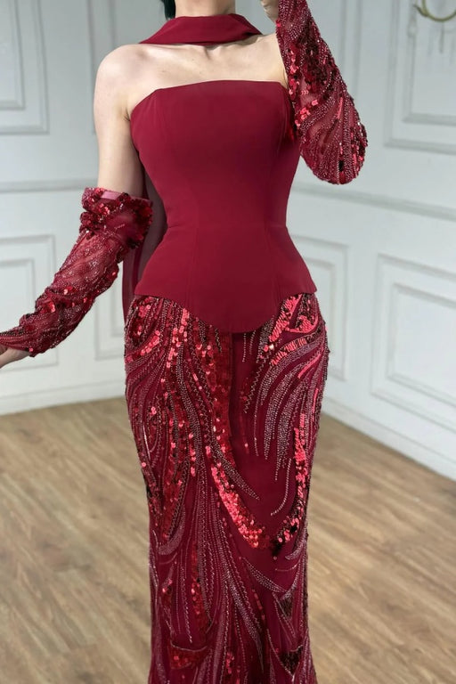 Strapless Burgundy Prom Dress Sequins Mermaid Prom Dress with Cape