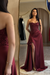 Strapless Burgundy Sequins Sheath Long Prom Dress Ruffle Satin Side Split Dress