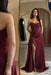 Strapless Burgundy Sequins Sheath Long Prom Dress Ruffle Satin Side Split Dress