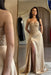 Strapless Champagne Sequins Sheath Long Prom Dress Ruffle Satin Side Split Dress