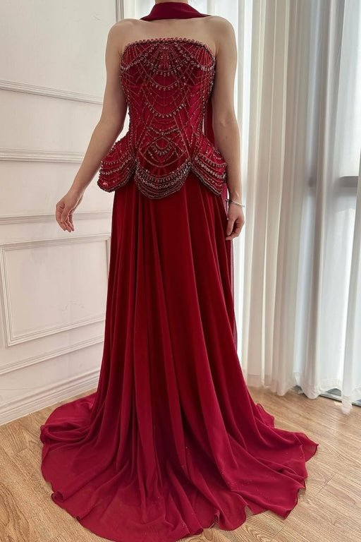 Stunning Burgundy Prom Dress Strapless Beadings Mermaid Prom Dress with Cape