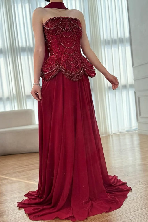Stunning Burgundy Prom Dress Strapless Beadings Mermaid Prom Dress with Cape