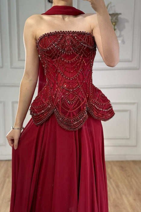 Stunning Burgundy Prom Dress Strapless Beadings Mermaid Prom Dress with Cape