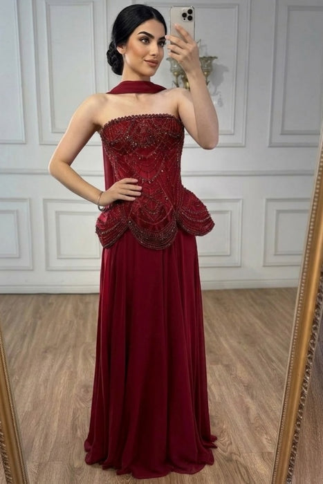 Stunning Burgundy Prom Dress Strapless Beadings Mermaid Prom Dress with Cape