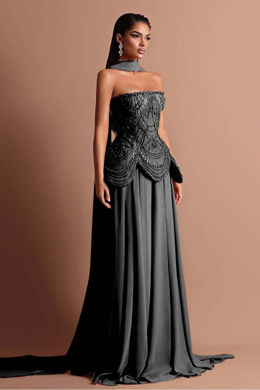 Strapless Ruffle Chiffon Prom Dress Long with Wrap Black