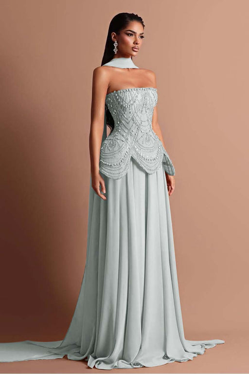 Silver Strapless Ruffle Chiffon Prom Dress Long with Wrap