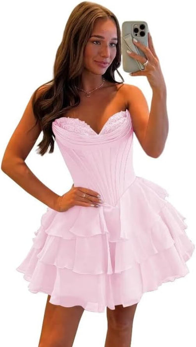 Strapless Corset Short Homecoming Dresses Sweetheart Tiered Ruffle Graduation Party Dress