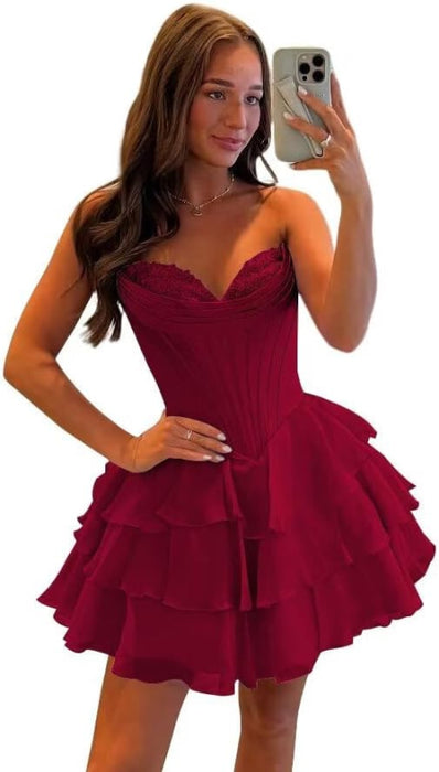 Strapless Corset Short Homecoming Dresses Sweetheart Tiered Ruffle Graduation Party Dress