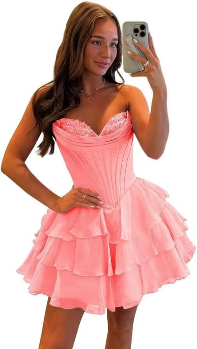 Strapless Corset Short Homecoming Dresses Sweetheart Tiered Ruffle Graduation Party Dress