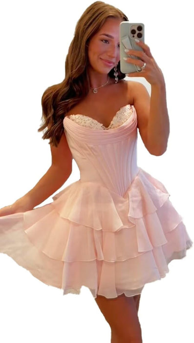 Strapless Corset Short Homecoming Dresses Sweetheart Tiered Ruffle Graduation Party Dress