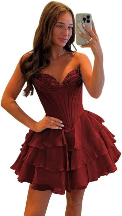 Strapless Corset Short Homecoming Dresses Sweetheart Tiered Ruffle Graduation Party Dress