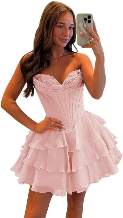 Strapless Corset Short Homecoming Dresses Sweetheart Tiered Ruffle Graduation Party Dress