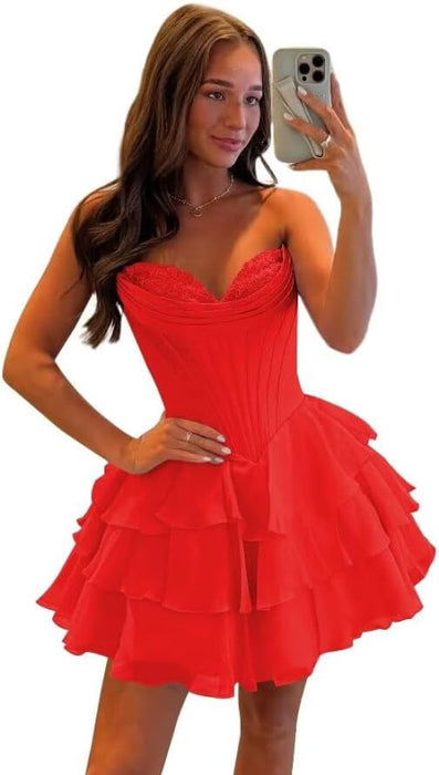 Strapless Corset Short Homecoming Dresses Sweetheart Tiered Ruffle Graduation Party Dress