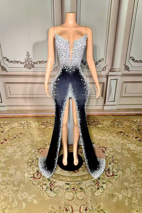 Strapless Crystals Sheath Prom Dress with High Split