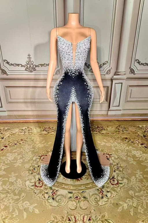 Strapless Crystals Sheath Prom Dress with High Split