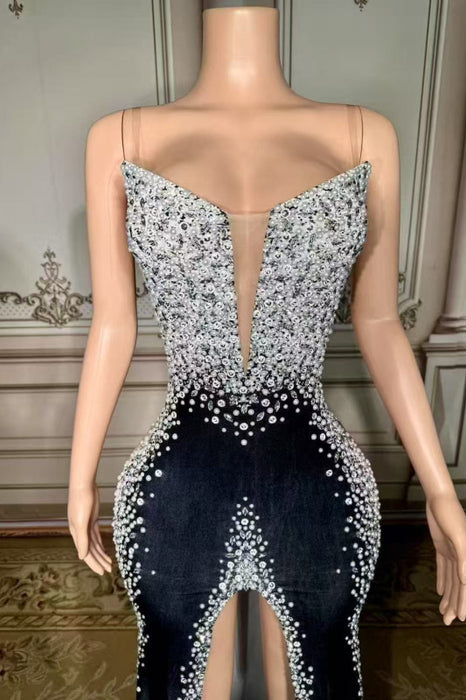 Strapless Crystals Sheath Prom Dress with High Split