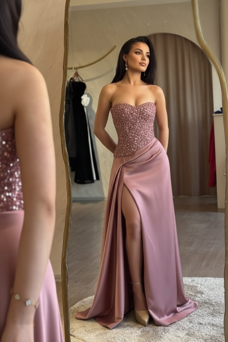 Strapless Dusty Pink Sequins Sheath Long Prom Dress Ruffle Satin Side Split Dress