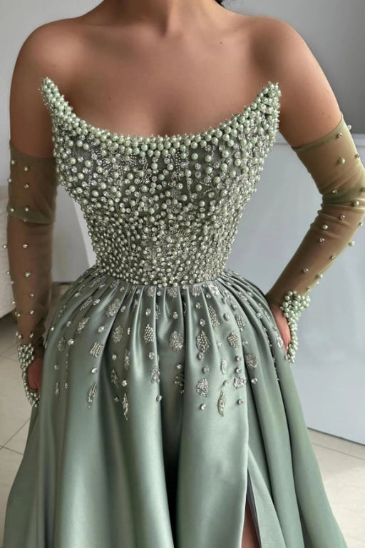 Strapless Dusty Sage Satin Evening Dress with Pearls High Split Prom Dress