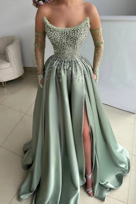 Strapless Dusty Sage Satin Evening Dress with Pearls High Split Prom Dress