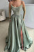 Strapless Dusty Sage Satin Evening Dress with Pearls High Split Prom Dress