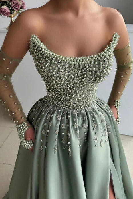Strapless Dusty Sage Satin Evening Dress with Pearls High Split Prom Dress