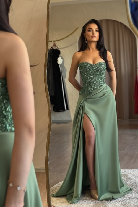 Strapless Dusty Sage Sequins Sheath Long Prom Dress Ruffle Satin Side Split Dress
