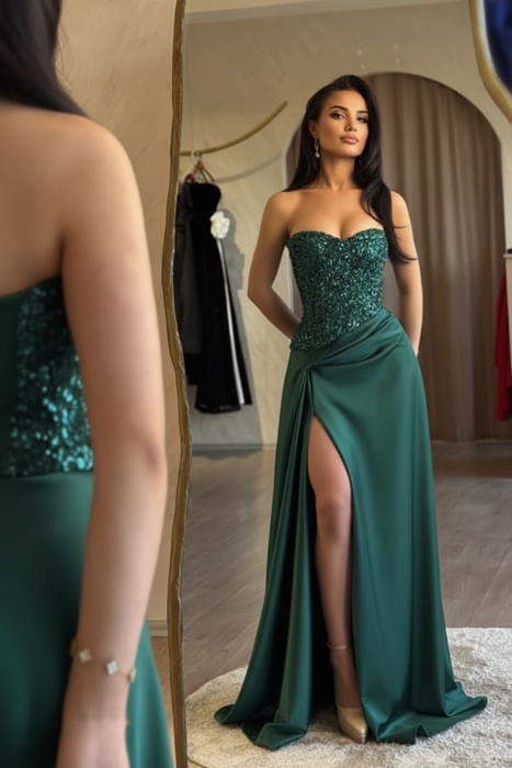 Strapless Emerald Green Sequins Sheath Long Prom Dress Ruffle Satin Side Split Dress