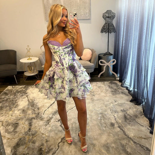 Strapless Floral Print Corset Homecoming Dress with Tiered Ruffle Skirt