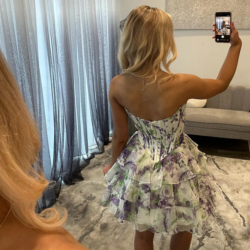 Strapless Floral Print Corset Homecoming Dress with Tiered Ruffle Skirt