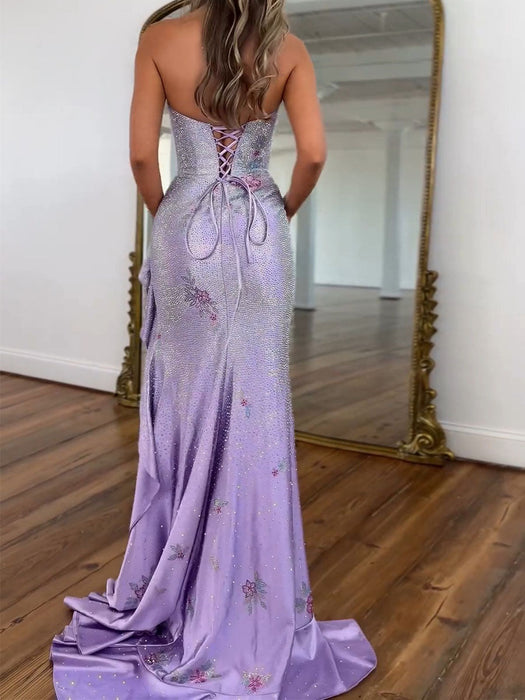 Lilac Strapless Floral Rhinestone Corset Prom Dress with Front Split