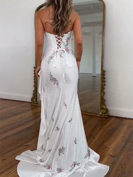 White Strapless Floral Rhinestone Corset Prom Dress with Front Split