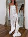 White Strapless Floral Rhinestone Corset Prom Dress with Front Split