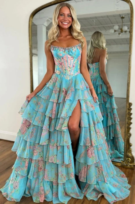Strapless Floral Tulle Aline Evening Dress Front Split Corset Prom Dress - Prom Dresses